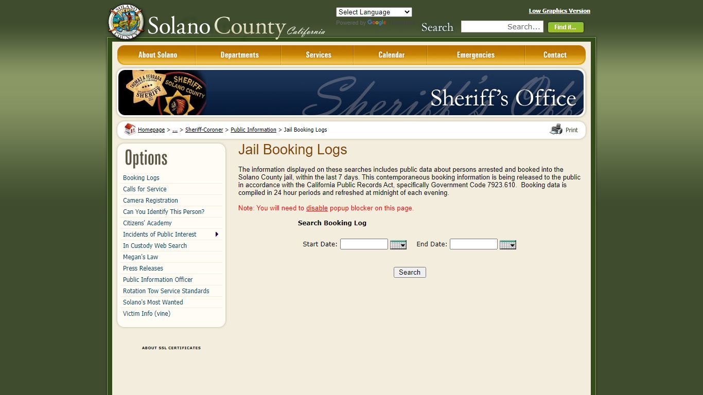 Solano County - Jail Booking Logs